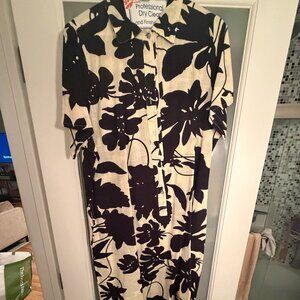 Dolma Black & Cream Floral Linen Dress – Button‑Down • Cloth Belt